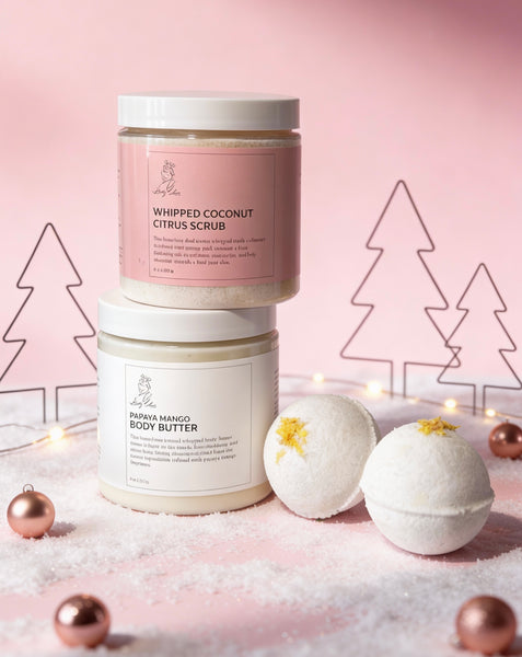 All Natural Papaya Mango Body Butter + Coconut Citrus Scrub Gift Set + Lemongrass Bombs