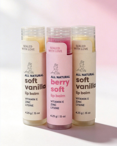 Soft Vanilla + Berry Soft  Lip Balm with Zinc + Lysine + Vitamin E  (2 Vanilla + 1 Berry Pack) – All Natural Hydrating Balm