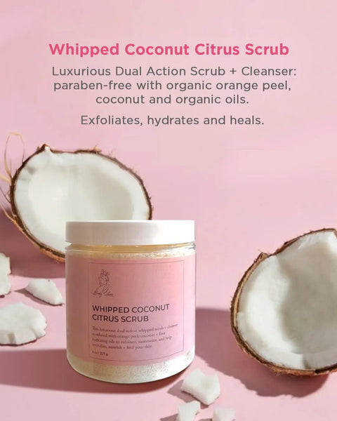 Coconut Citrus Scrub & Unscented Body Butter Set, Natural Skincare + Lemongrass bombs