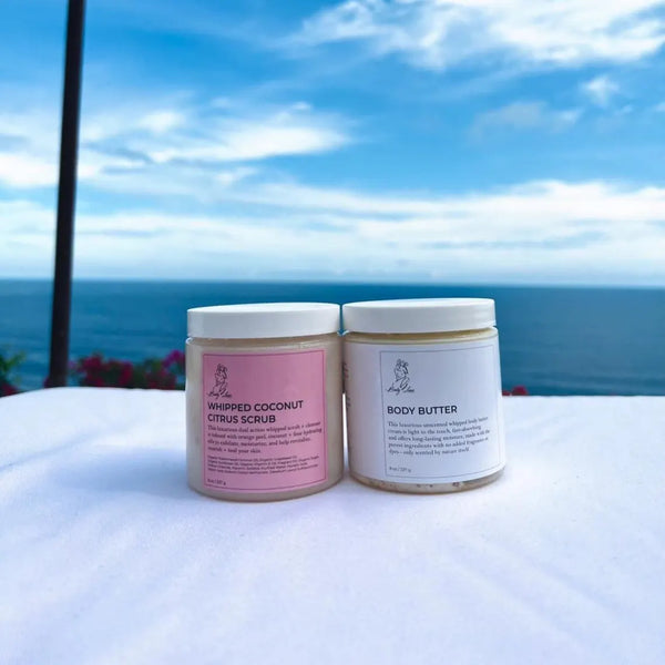 Coconut Citrus Scrub & Unscented Body Butter Set, Natural Skincare + Lemongrass bombs