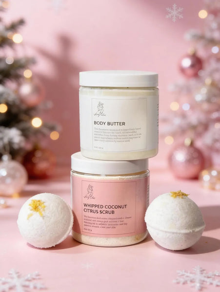 Coconut Citrus Scrub & Unscented Body Butter Set, Natural Skincare + Lemongrass bombs